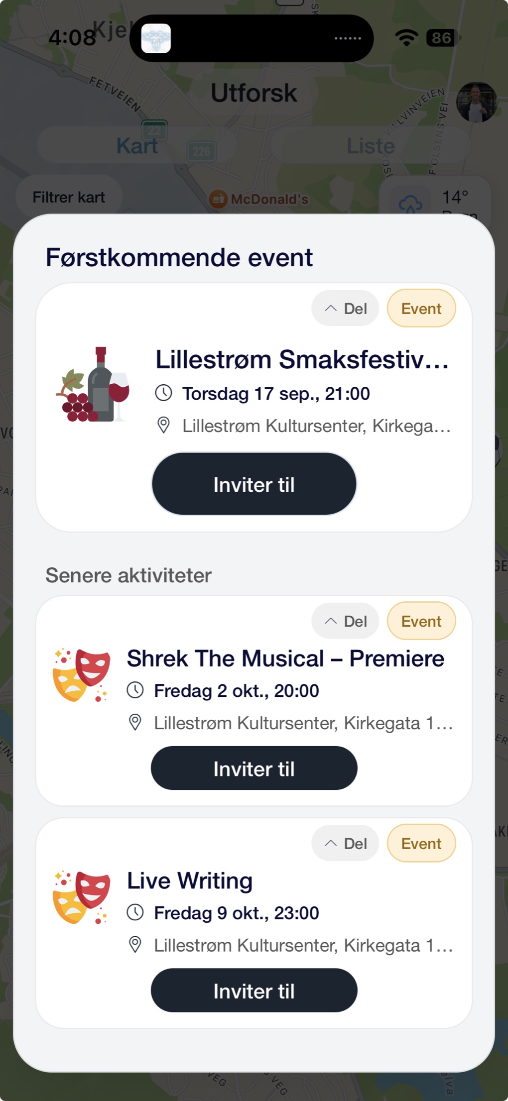 Kommende arrangementer på et sted i Invi, med knapp for å invitere venner